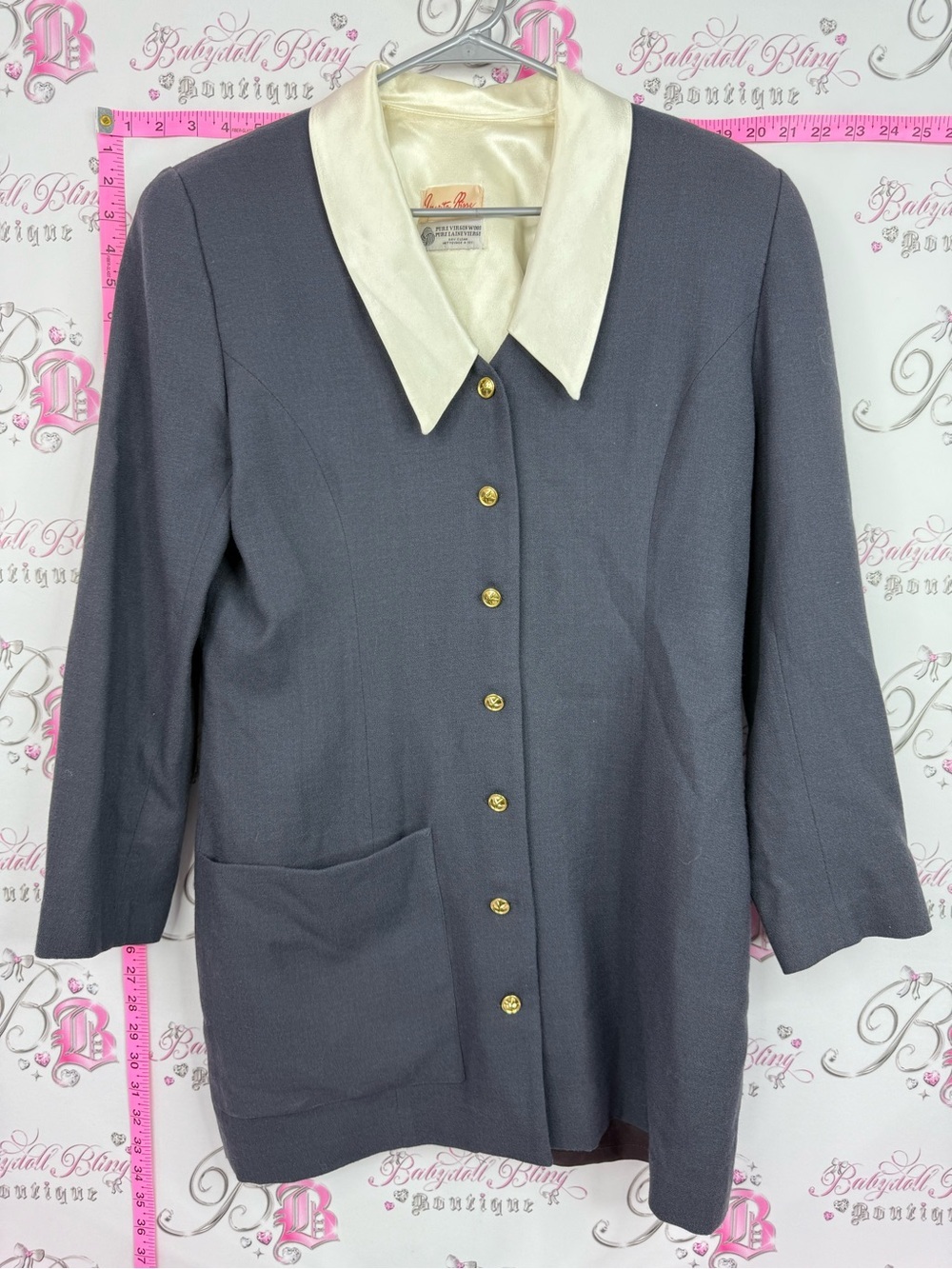 Blazer vintage virgin wool rare Gray Button-Up Jacket with Cream Collar